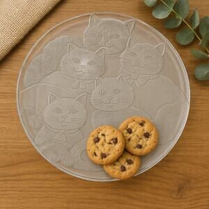 Vintage Embossed Glass Cat Serving Tray 12.5" Round Clear Plate